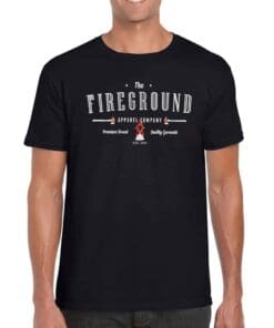 Man wearing black tee with Vintage Fireground logo
