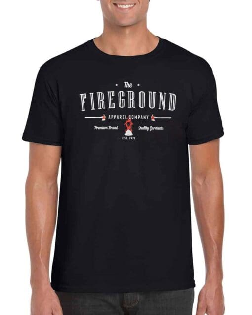 Man wearing black tee with Vintage Fireground logo
