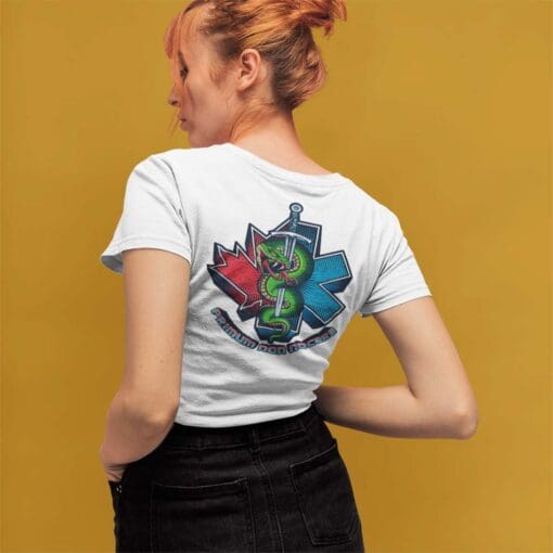 Back View of Red Haired Woman wearing EMS T-shirt