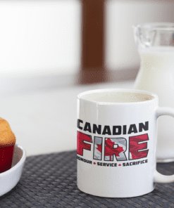 Canadian Fire Coffee Mug beside milk and muffins