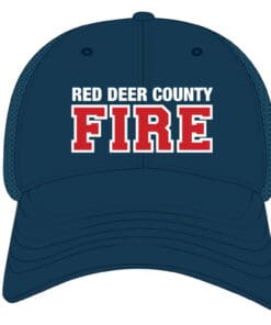 Navy blue trucker cap with the text 'Red Deer County' in bold white letters and white outlines around the red text "FIRE"